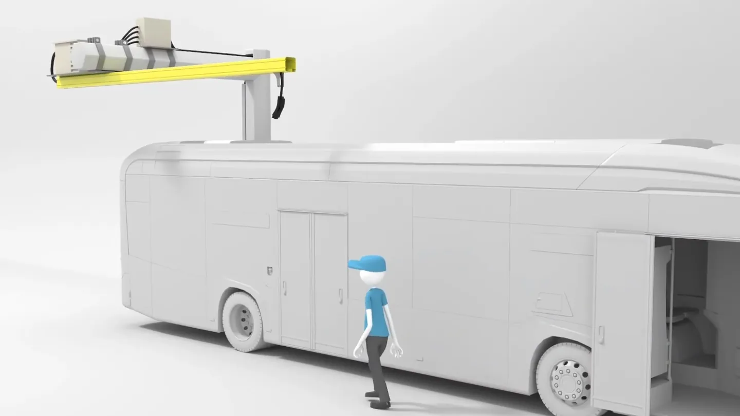Standbild aus einer 3D-Animation für die Ralf Brinkmann GmbH: Elektrobus unter einem Ladearm, davor eine Figur mit Schirmmütze.