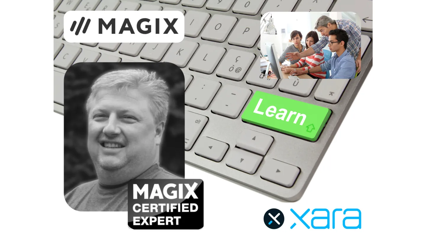 Collage: Peter Sonnet mit dem Siegel „MAGIX Certified Expert“, die Logos von MAGIX und XARA, eine Tastatur mit grüner Taste „Learn“ und eine kleine Gruppe am Bildschirm mit Kursleiter.