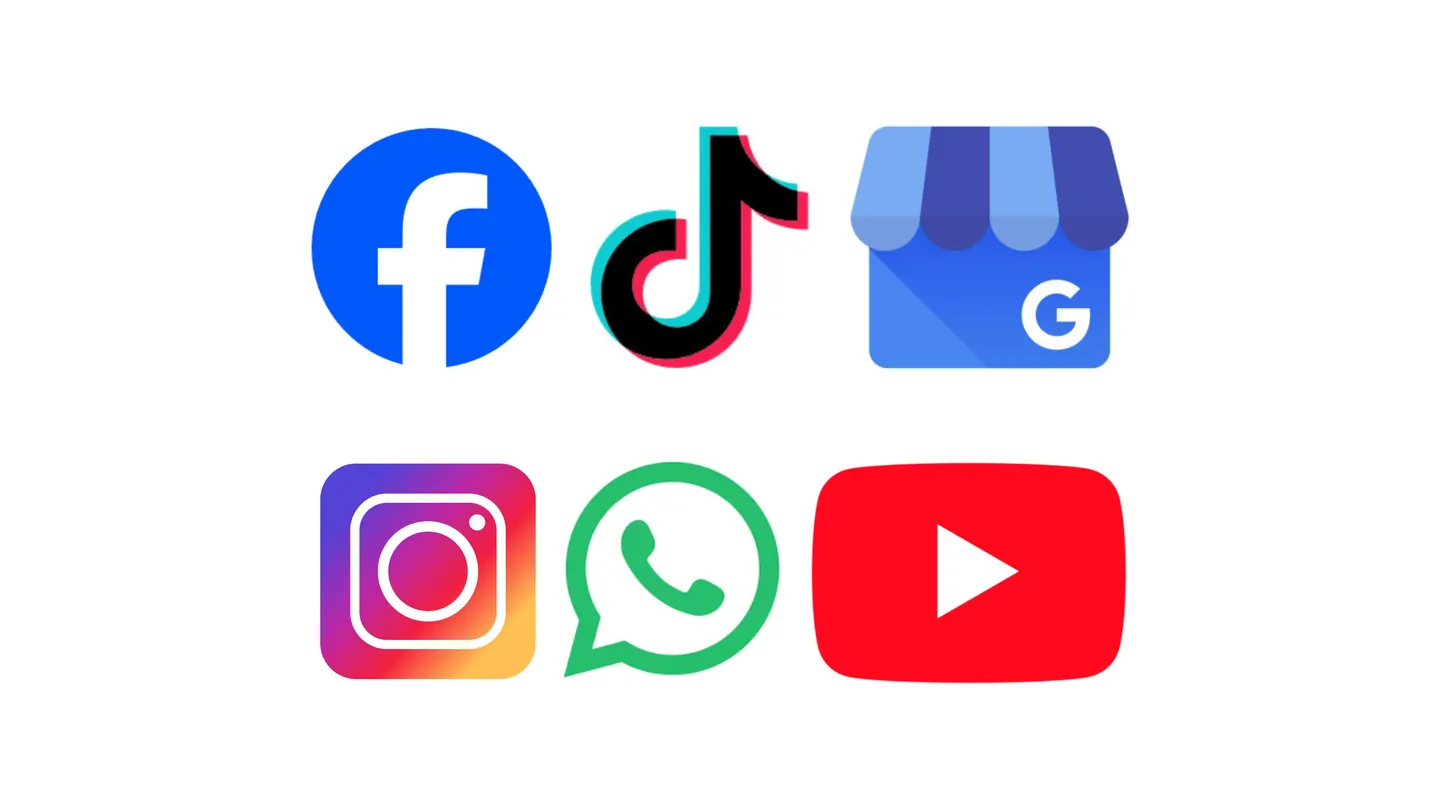 Die Zeichen von Facebook, TikTok, Google Unternehmensprofil, Instagram, WhatsApp und YouTube.