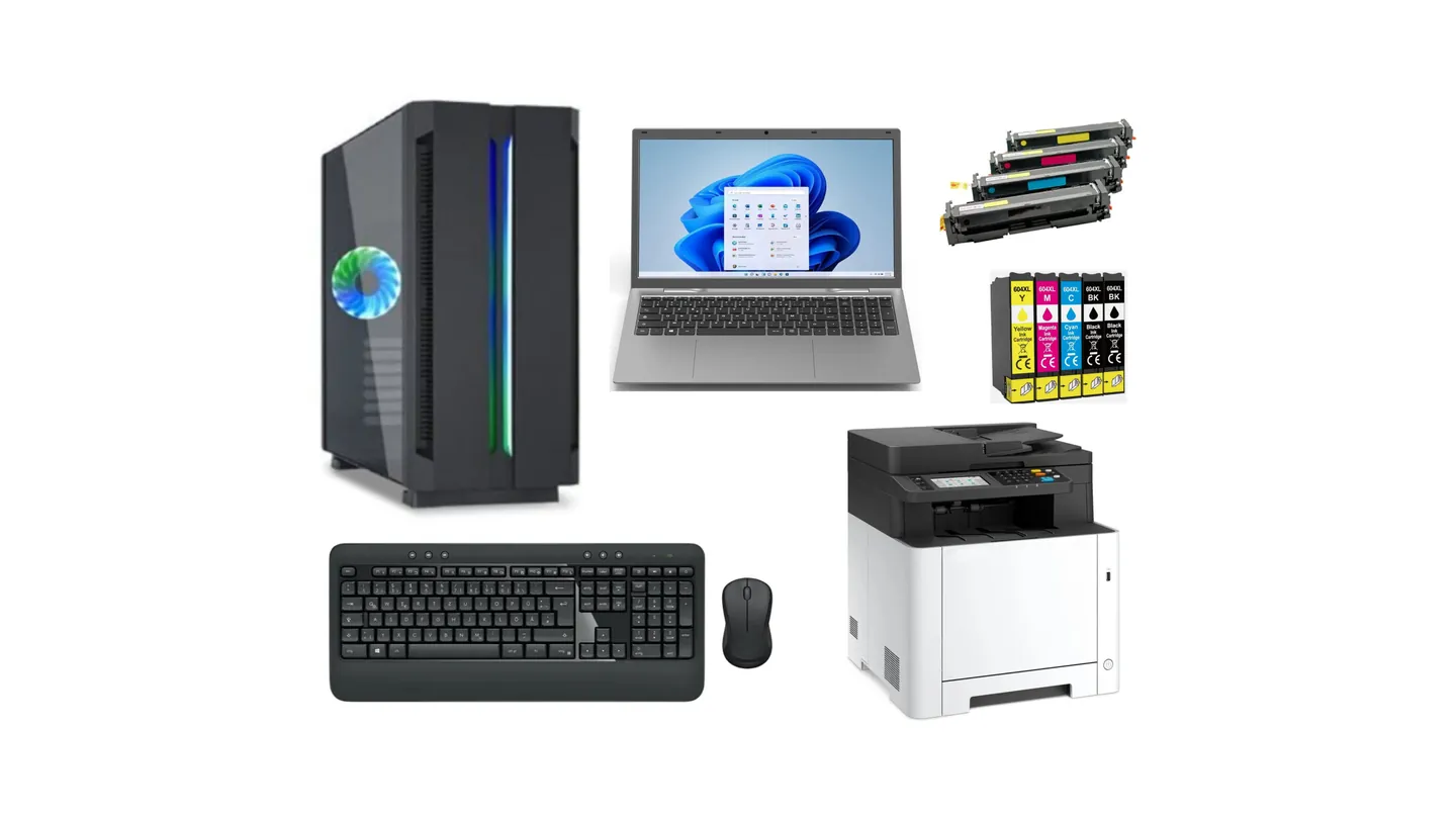 PC mit beleuchtetem Lüfter, Notebook, Farblaser-Multifunktionsdrucker, Tastatur mit Maus, Tonerkartuschen und Tintenpatronen.