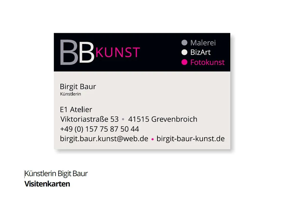 Visitenkarte der Künstlerin Birgit Baur (BB Kunst) mit Atelier in Grevenbroich.