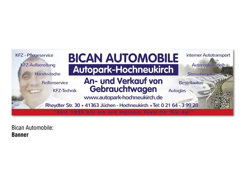 Banner für Bican Automobile, Autopark Hochneukirch: An- und Verkauf von Gebrauchtwagen mit Adresse und Leistungen.