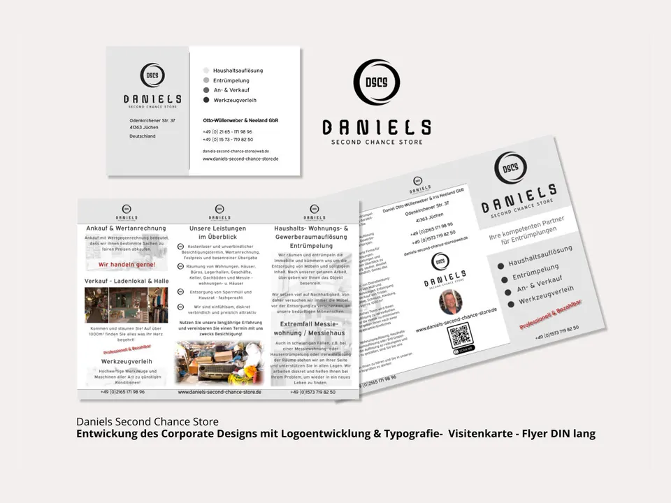 Corporate Design für Daniels Second Chance Store: Logo, Visitenkarte und Falzflyer DIN lang.
