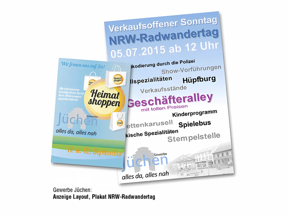 Anzeige „Heimat shoppen“ des Jüchener Gewerbes und Plakat zum verkaufsoffenen Sonntag mit NRW-Radwandertag am 05.07.2015 in Jüchen.