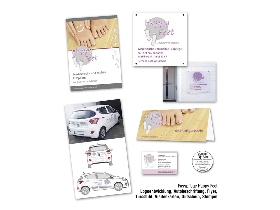 Logo, Flyer, Türschild, Gutschein und Visitenkarte für Fußpflege Happy Feet, dazu die Beschriftung zweier Autos.