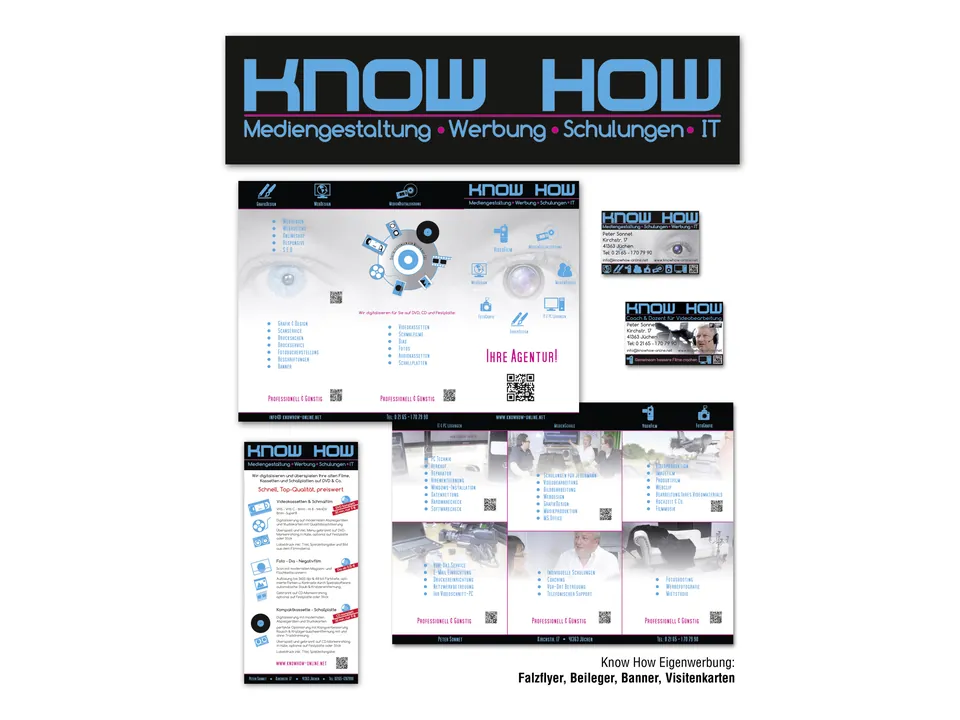 Werbemittel für KNOW HOW: Falzflyer, Beileger, Banner und Visitenkarten im blauen KNOW-HOW-Design.
