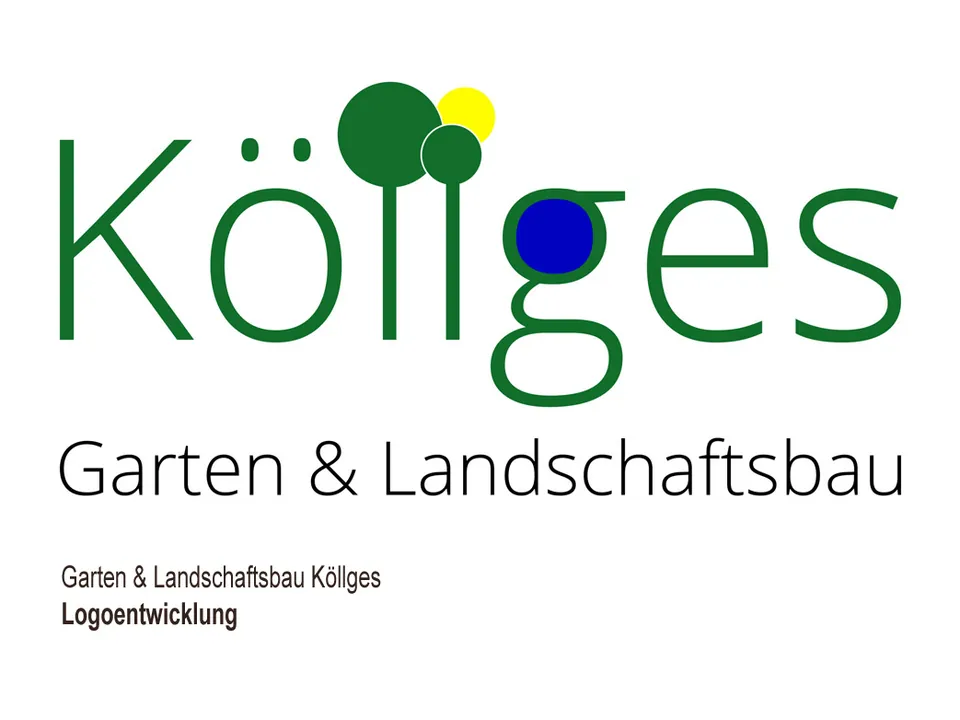 Logo von Garten & Landschaftsbau Köllges: grüner Schriftzug, die beiden l als Bäume mit runden Kronen, dazu ein gelber und ein blauer Kreis.