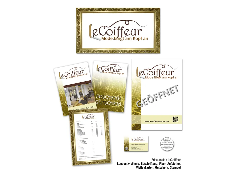 Logo, Flyer, Gutschein, Preisliste und Visitenkarte für den Friseursalon LeCoiffeur in Gold und Braun.