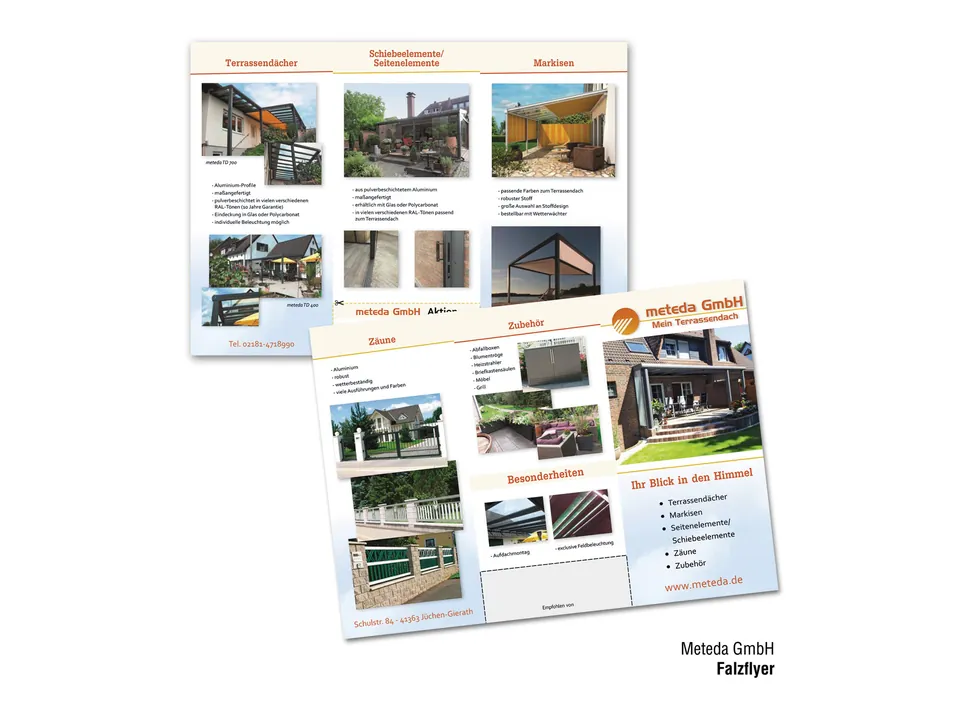 Falzflyer der Meteda GmbH mit Fotos von Terrassendächern, Zäunen und Markisen.
