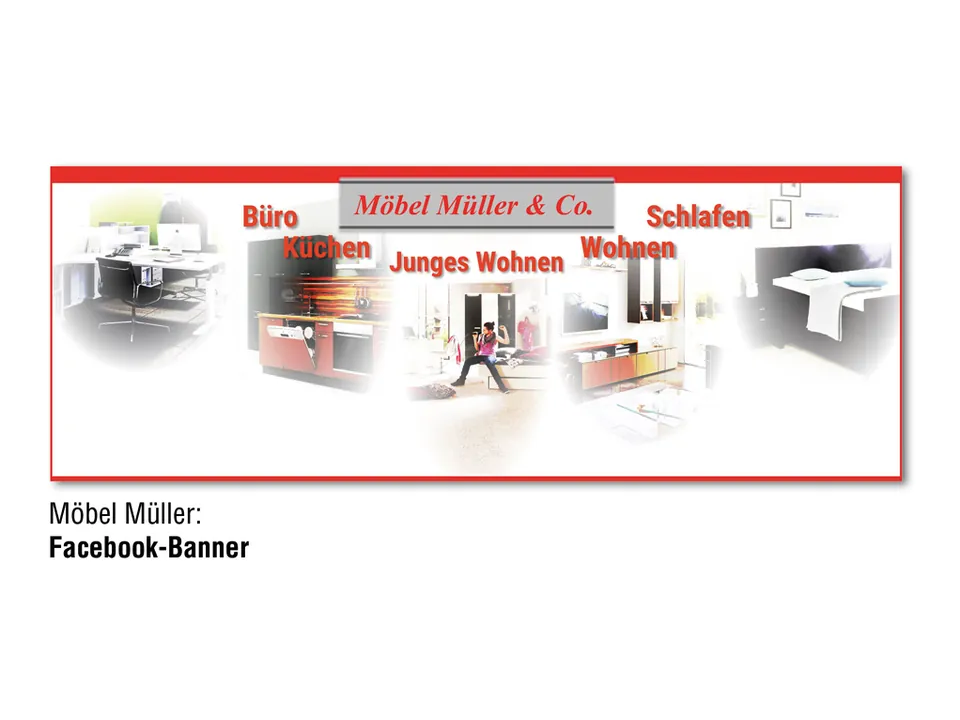 Facebook-Banner für Möbel Müller & Co. mit Fotos der Bereiche Büro, Küchen, Junges Wohnen, Wohnen und Schlafen.