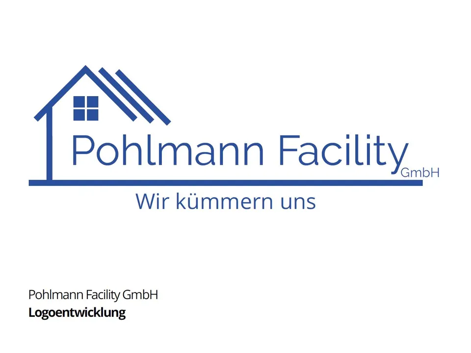 Logo von Pohlmann Facility GmbH: Hausdach in Blau mit dem Satz „Wir kümmern uns“.