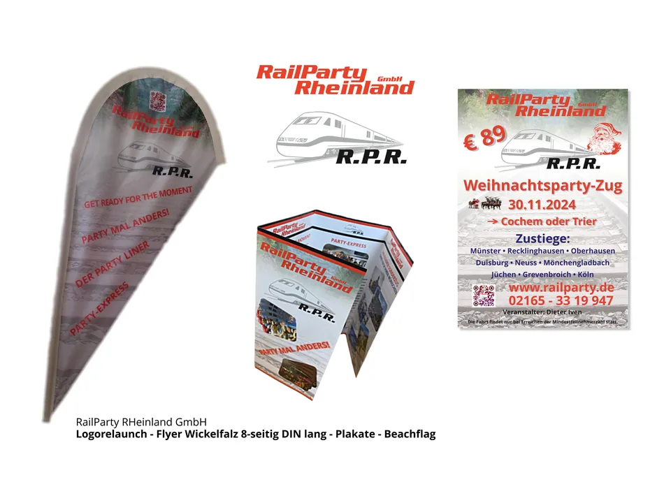 Werbemittel für RailParty Rheinland: Beachflag, Falzflyer und Plakat zum Weihnachtsparty-Zug.