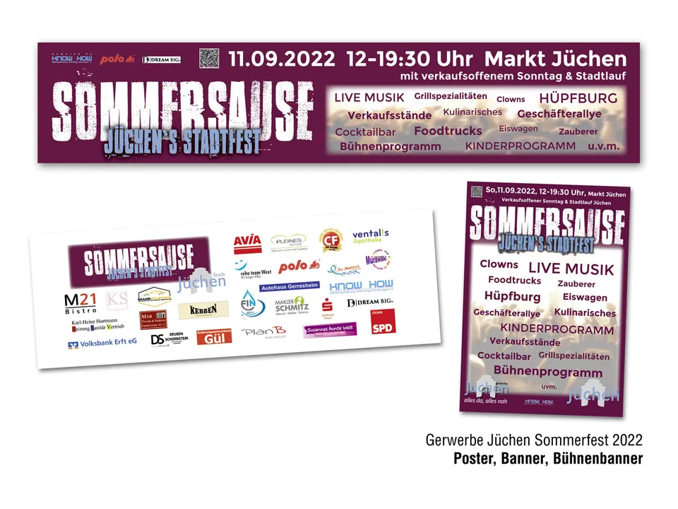 Poster und Banner für die Sommersause 2022 in Jüchen mit Programm und Sponsorenlogos.