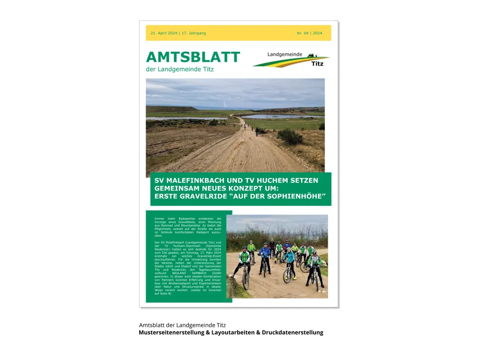 Titelseite des Amtsblatts der Landgemeinde Titz mit Foto eines Feldwegs und einer Radfahrergruppe.