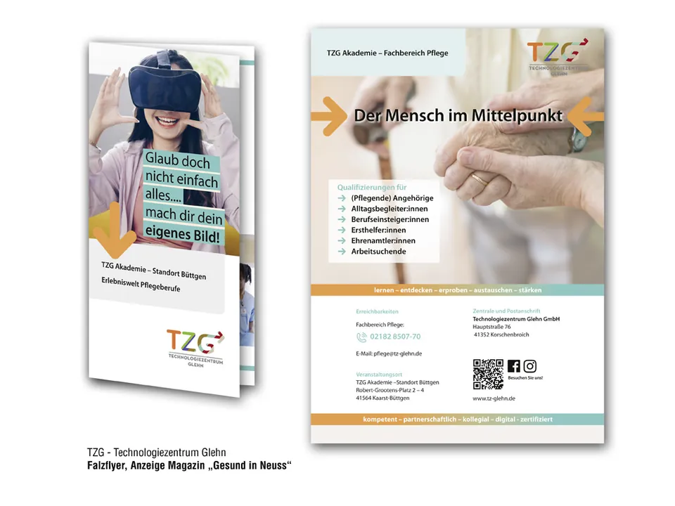 Falzflyer und Anzeige für das TZG Technologiezentrum Glehn, Fachbereich Pflege.