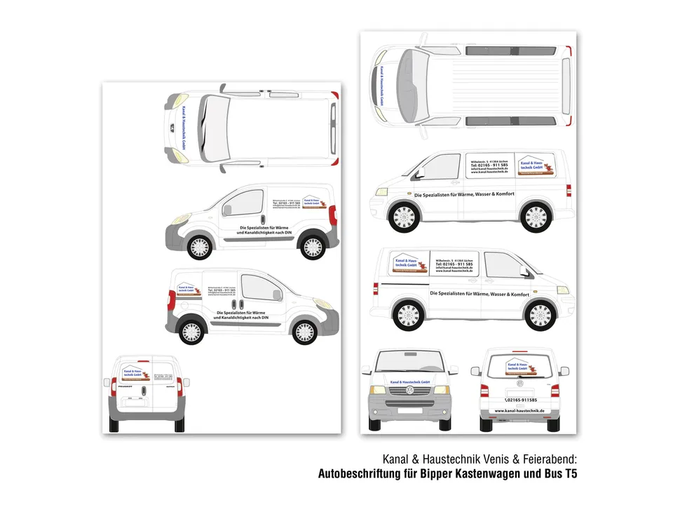 Entwürfe der Fahrzeugbeschriftung für einen Bipper Kastenwagen und einen VW-Bus T5 von Kanal & Haustechnik Venis & Feierabend, von allen Seiten.